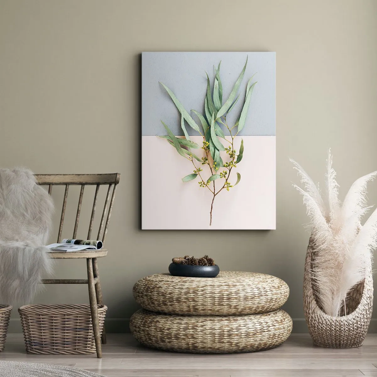 Cuadro sobre lienzo - Impresión de Imagen - Una rama con hojas sobre un fondo de tonos pastel. - 50x70cm - La sutileza del pastel - Decoración de pared moderna para salón y dormitorio ARTTOR