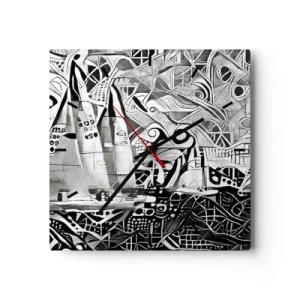 Reloj de pared - Reloj de vidrio - Veleros abstractos en una composición monocromática - 30x30cm - Entre las olas - Decoración de pared moderna para salón y dormitorio ARTTOR