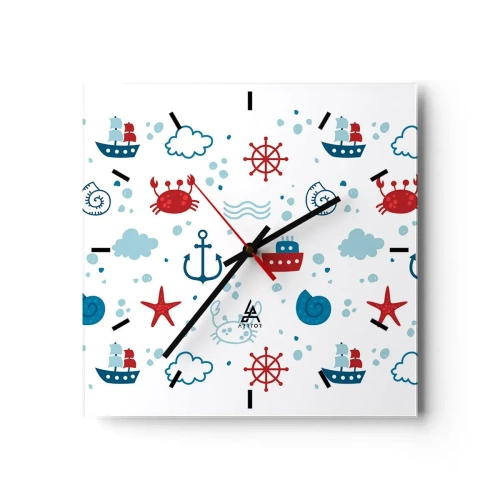 Reloj de pared - Reloj de vidrio - Patrón náutico con anclas, barcos y cangrejos. - 30x30cm - Un cuento de mar - Decoración de pared moderna para salón y dormitorio ARTTOR