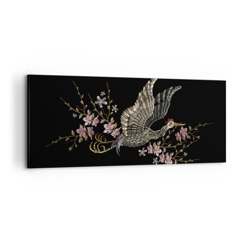 Cuadro sobre lienzo - Impresión de Imagen - Un pájaro en vuelo con flores sobre un fondo negro. - 120x50cm - Ave florida - Decoración de pared moderna para salón y dormitorio ARTTOR