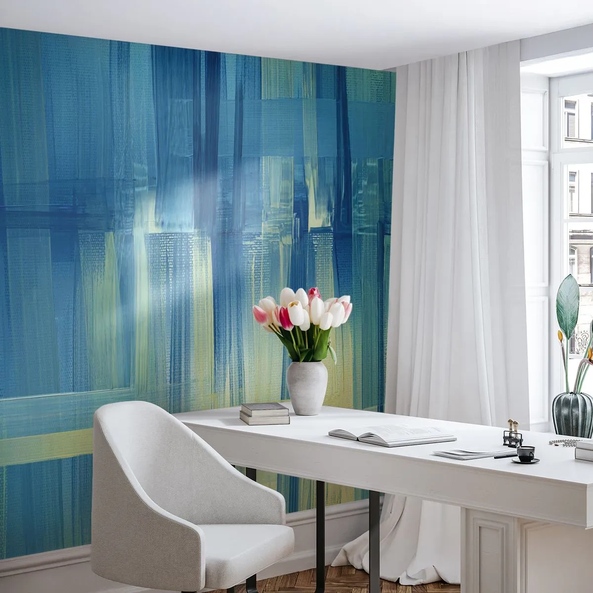 Fotomural Premium Sand - Pinceladas turquesas y amarillas en forma abstracta - 100x70cm - Composición en turquesa - Decoración de pared moderna para salón y dormitorio ARTTOR
