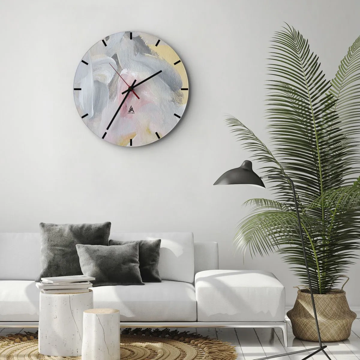 Reloj de pared - Reloj de vidrio - Manchas pastel abstractas en tonos rosa y gris. - 30x30cm - En un mundo de colores pastel - Decoración de pared moderna para salón, cocina y dormitorio ARTTOR