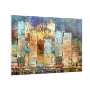 Cuadro sobre vidrio - Impresiones sobre Vidrio - Panorama abstracto colorido de los rascacielos de la ciudad en un estilo artístico - 70x50cm - Metrópolis soleada - Decoración de pared moderna para salón y dormitorio ARTTOR