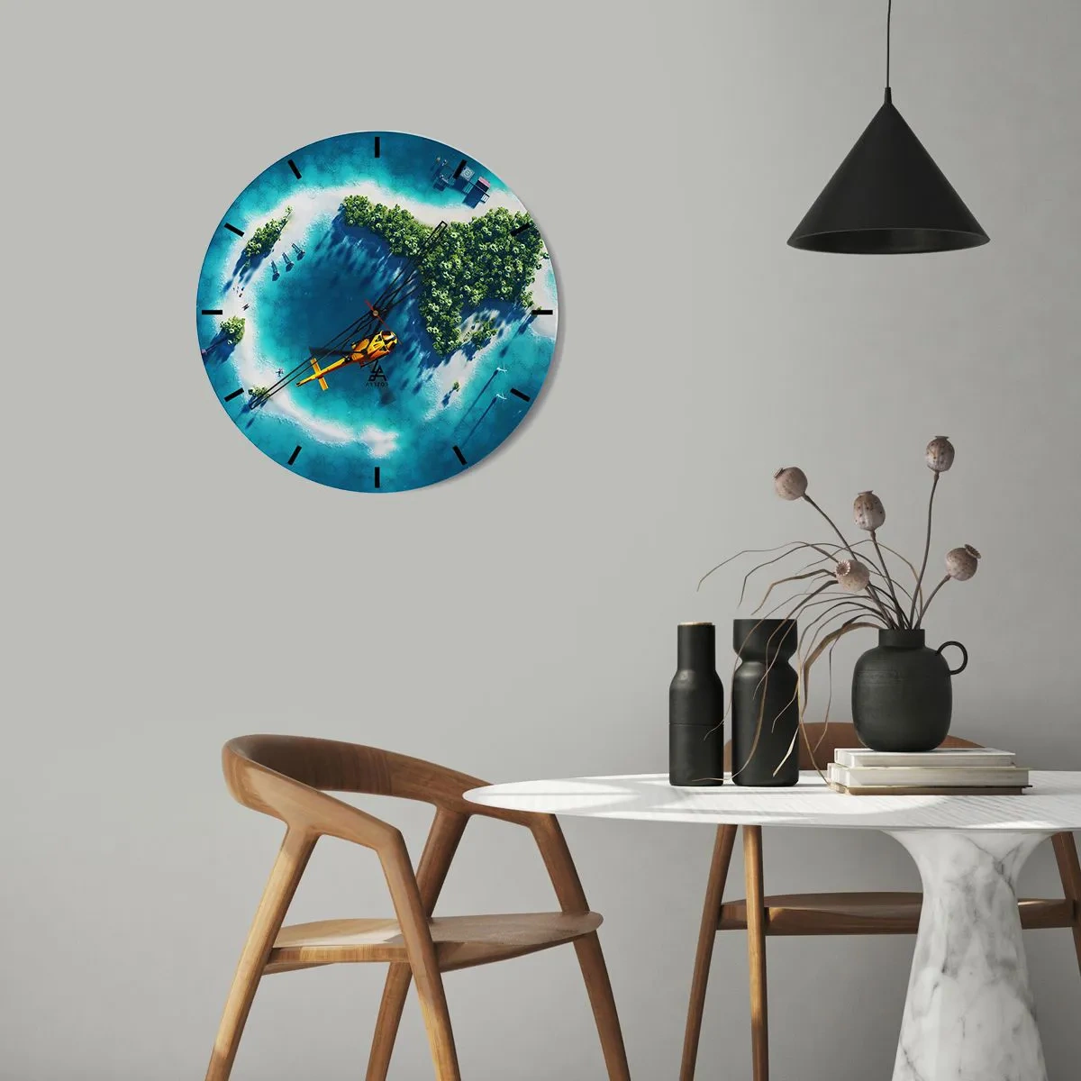 Reloj de pared - Reloj de vidrio - Isla tropical con helicóptero sobre aguas turquesas - 30x30cm - Cómprate una isla - Decoración de pared moderna para salón, cocina y dormitorio ARTTOR