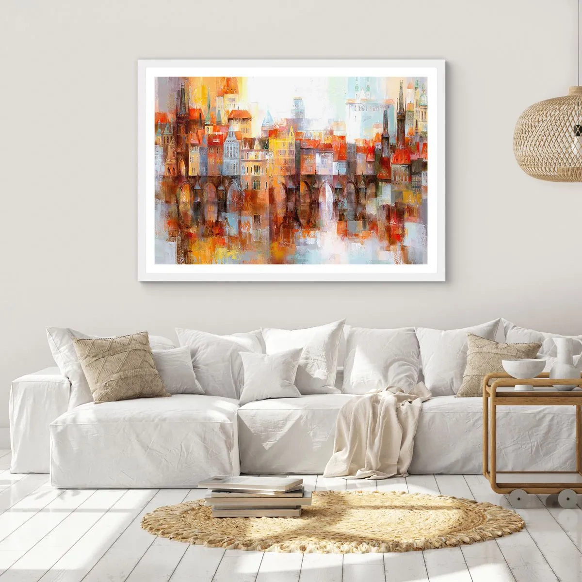 Póster en marco blanco - Puente y ciudad - 100x70 cm