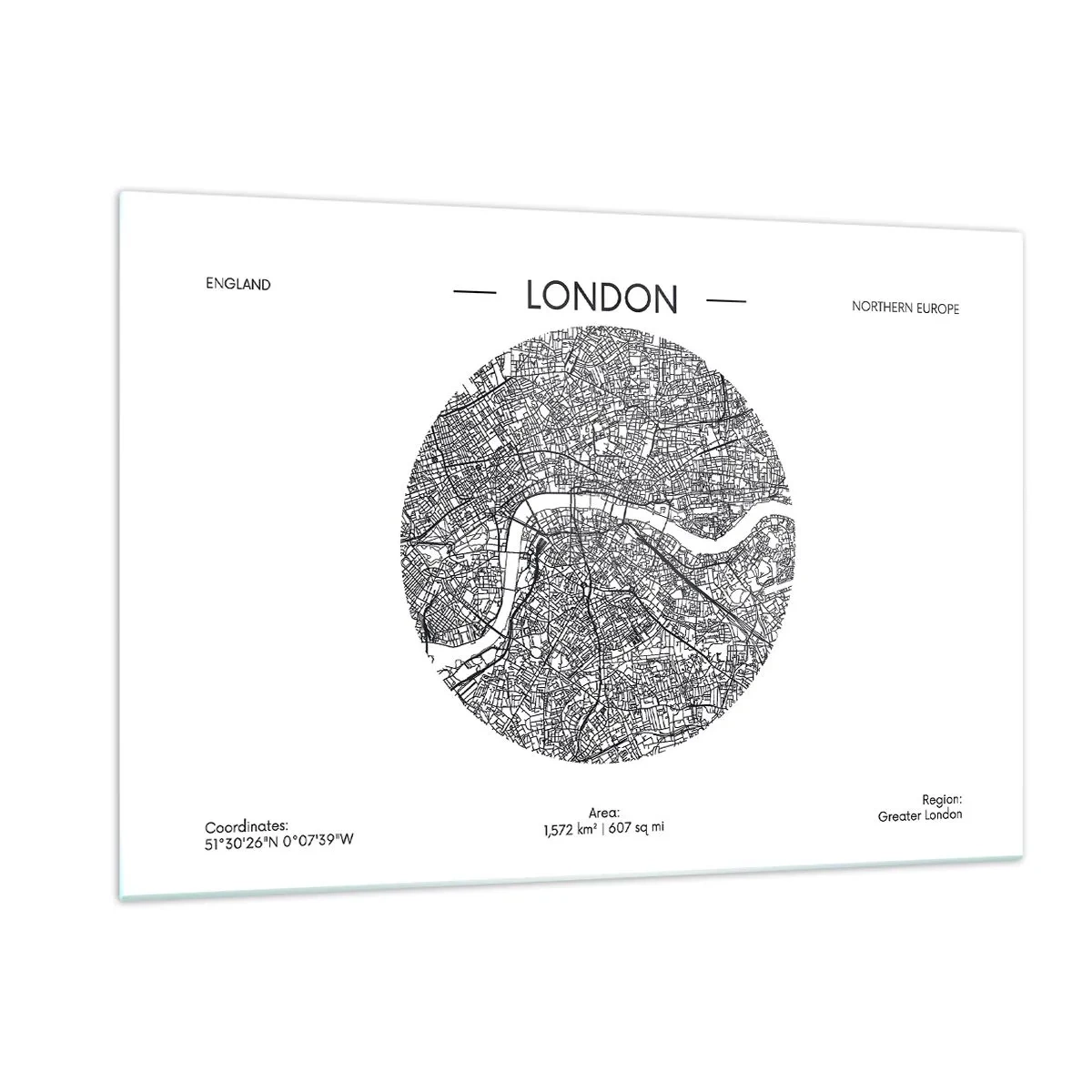 Cuadro sobre vidrio - Impresiones sobre Vidrio - Un mapa detallado de Londres en un estilo gráfico en blanco y negro. - 120x80cm - Anatomía de Londres - Decoración de pared moderna para salón y dormitorio ARTTOR