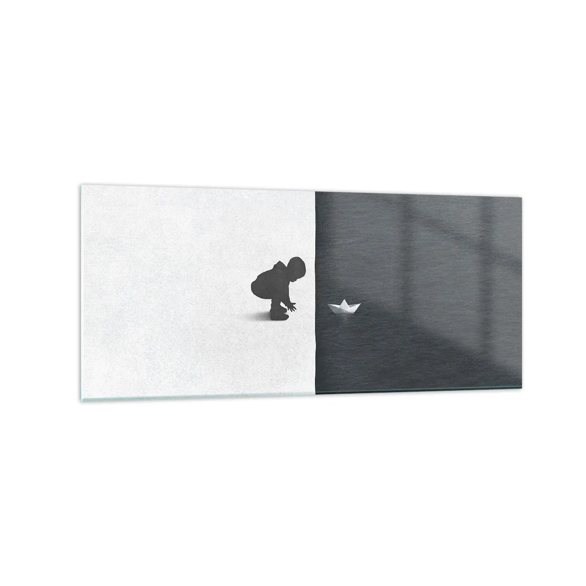 Cuadro sobre vidrio - Impresiones sobre Vidrio - Figura de un niño con un barquito de papel sobre un fondo de mitades contrastantes. - 120x50cm - Una gran expedición náutica - Decoración de pared moderna para salón y dormitorio ARTTOR
