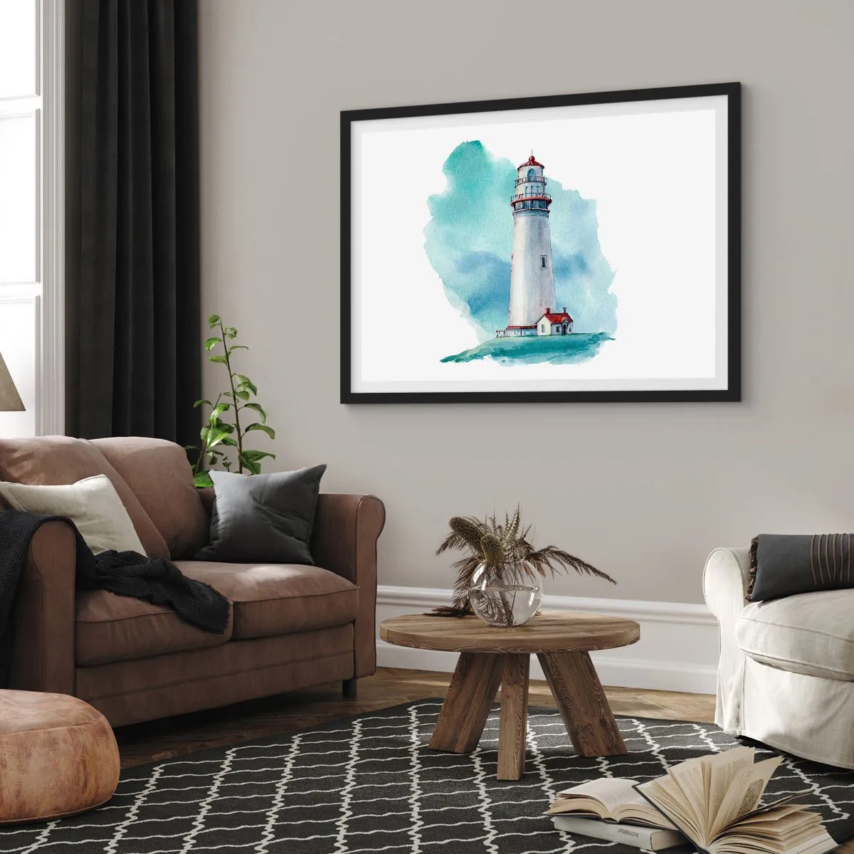 Póster en marco negro - Un faro sobre un fondo azul de acuarela. - 70x50cm - Gentil hermana del azul - Decoración de pared moderna para salón y dormitorio ARTTOR