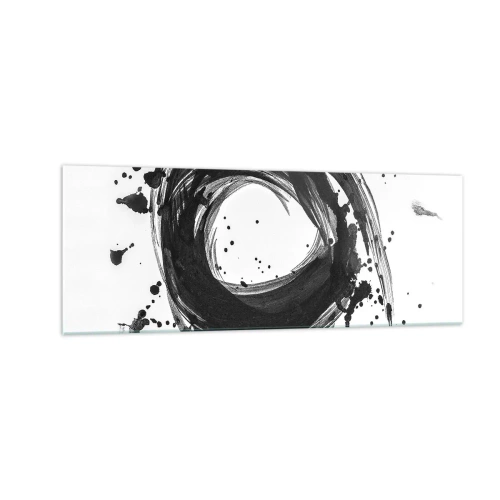 Cuadro sobre vidrio - Impresiones sobre Vidrio - Abstracción negra en forma de círculo sobre fondo blanco. - 140x50cm - El torbellino de la creación - Decoración de pared moderna para salón y dormitorio ARTTOR