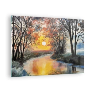 Cuadro sobre vidrio - Impresiones sobre Vidrio - Puesta de sol sobre el río entre los árboles. - 70x50cm - Ambiente otoñal - Decoración de pared moderna para salón y dormitorio ARTTOR