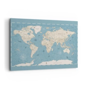 Cuadro sobre lienzo - Impresión de Imagen - Mapa del mundo decorativo en tonos azules y beige - 100x70cm - Un mundo al alcance de la mano - Decoración de pared moderna para salón y dormitorio ARTTOR