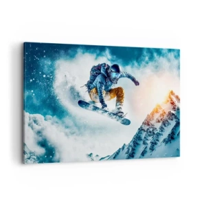 Cuadro sobre lienzo - Impresión de Imagen - Un snowboarder vuela sobre montañas nevadas. - 100x70cm - Emociones extremas - Decoración de pared moderna para salón y dormitorio ARTTOR