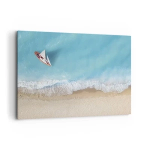 Cuadro sobre lienzo - Impresión de Imagen - Una vista de pájaro de un barco en la playa. - 100x70cm - Frontera celeste y dorada - Decoración de pared moderna para salón y dormitorio ARTTOR