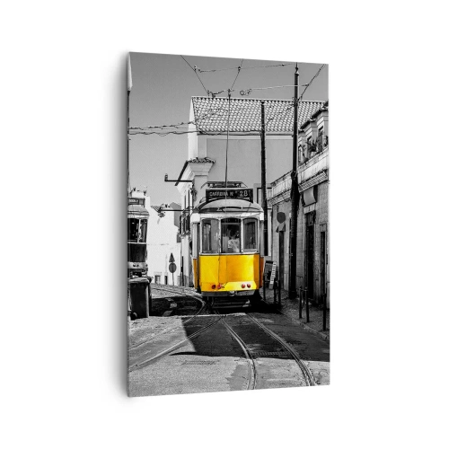 Cuadro sobre lienzo - Impresión de Imagen - Un tranvía amarillo en las calles de Lisboa en un entorno monocromático. - 80x120cm - Espíritu de Lisboa - Decoración de pared moderna para salón y dormitorio ARTTOR