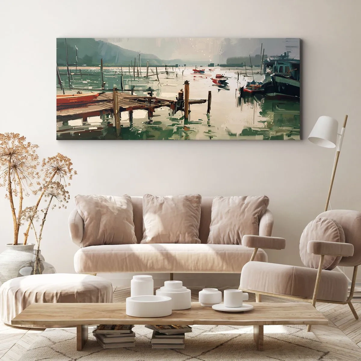 Cuadro sobre lienzo - Impresión de Imagen - Un puerto pintoresco con barcos en aguas tranquilas. - 140x50cm - Empapado en la luna fundida - Decoración de pared moderna para salón y dormitorio ARTTOR