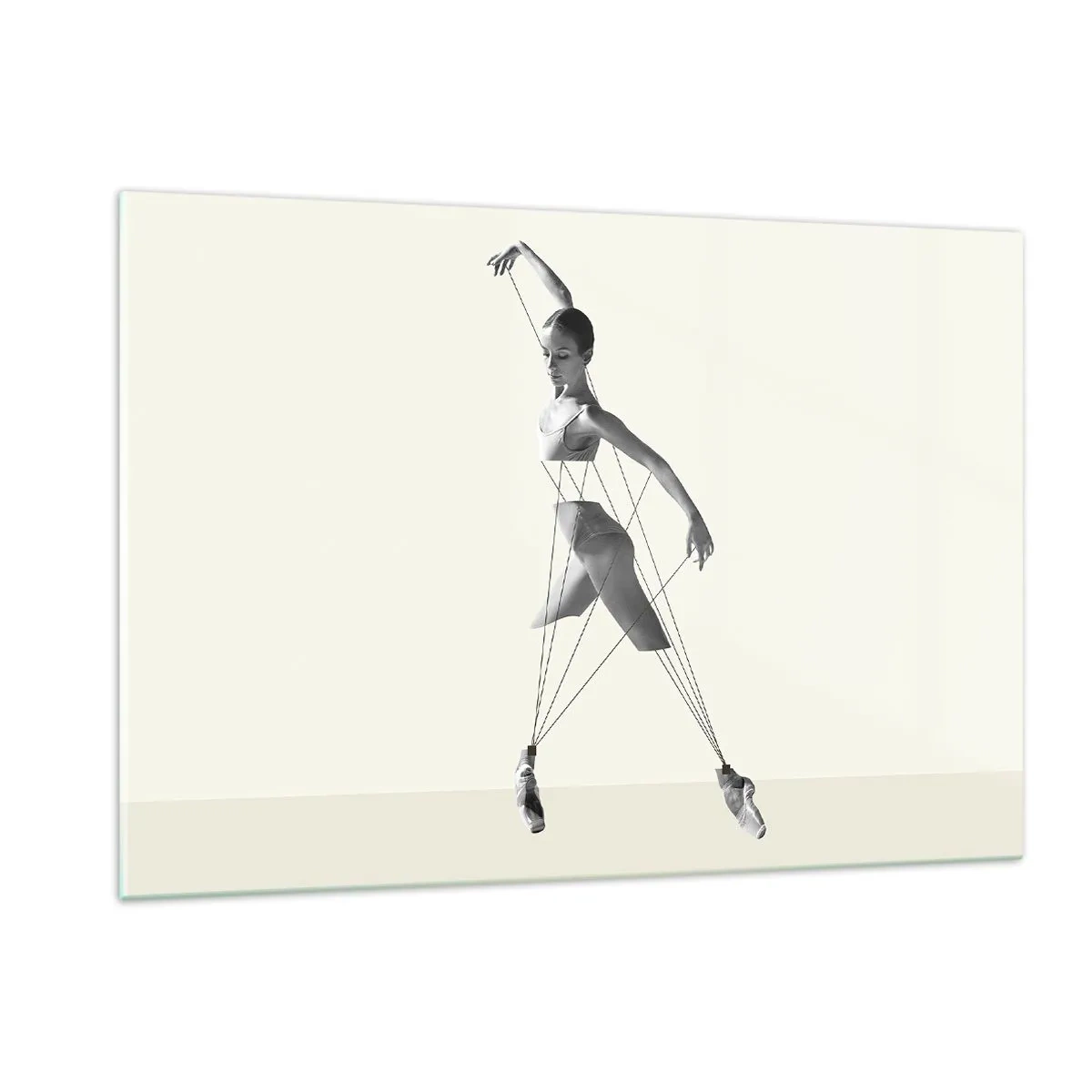 Cuadro sobre vidrio - Impresiones sobre Vidrio - Silueta en blanco y negro de una bailarina con un motivo de línea geométrica. - 120x80cm - Títere de sí misma - Decoración de pared moderna para salón y dormitorio ARTTOR