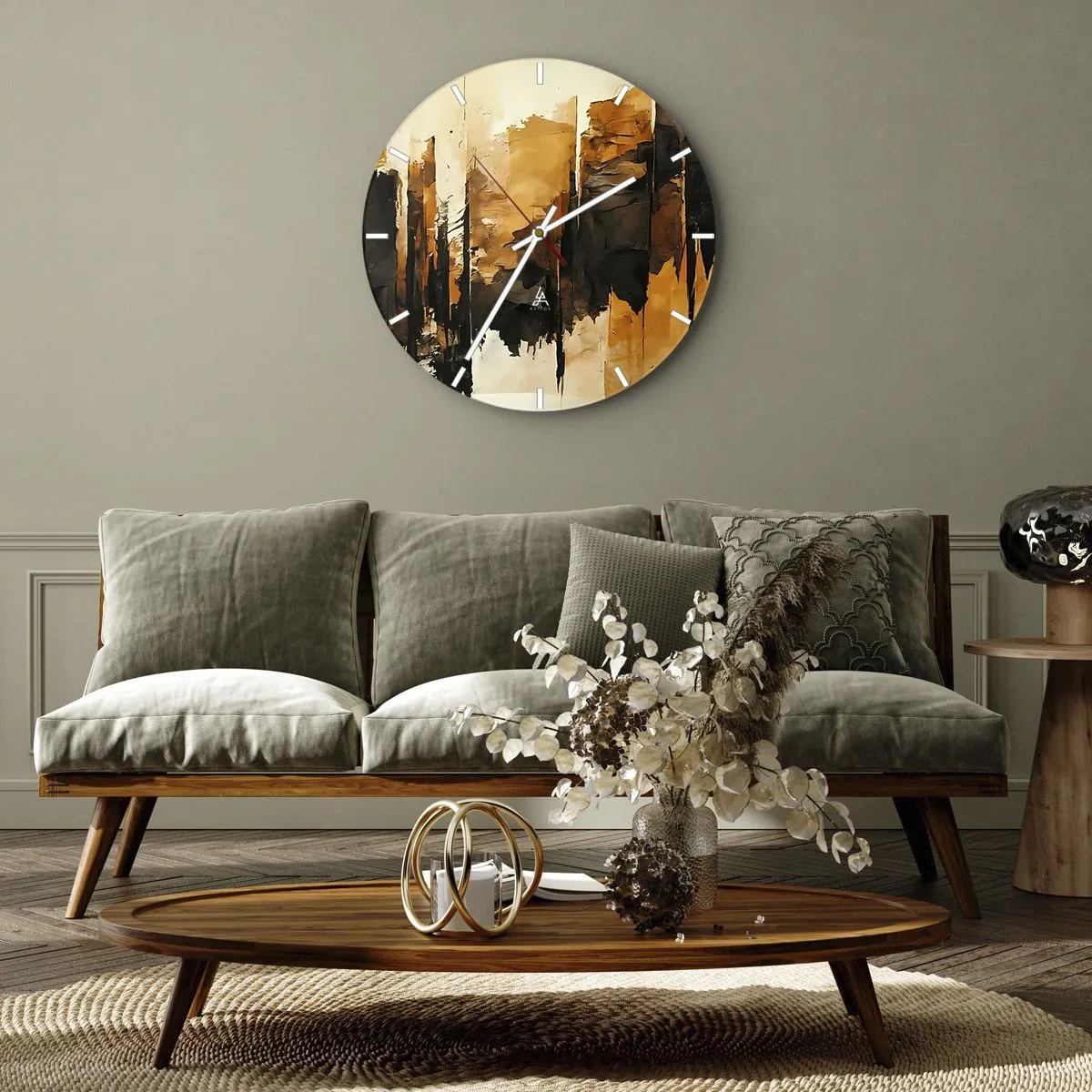 Reloj de pared - Reloj de vidrio - Armonía de negro y oro - 40x40 cm