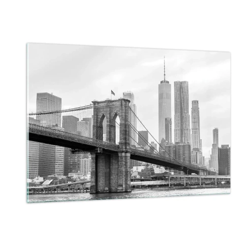 Cuadro sobre vidrio - Impresiones sobre Vidrio - Fotografía en blanco y negro de un puente y paisaje urbano. - 120x80cm - Vibraciones de Nueva York - Decoración de pared moderna para salón y dormitorio ARTTOR