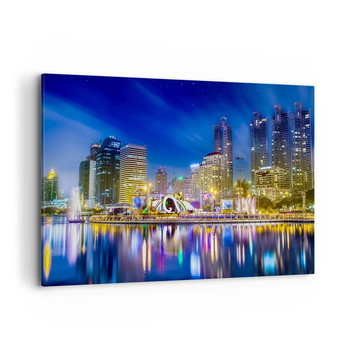 Cuadro sobre lienzo - Impresión de Imagen - Panorama nocturno de la ciudad con luces reflejadas en el agua. - 120x80cm - La noche del arco iris de la metrópoli - Decoración de pared moderna para salón y dormitorio ARTTOR