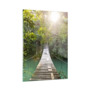 Cuadro sobre vidrio - Impresiones sobre Vidrio - Un puente colgante en un bosque tropical iluminado por la luz del sol. - 50x70cm - Sobre el agua azul hacia el bosque - Decoración de pared moderna para salón y dormitorio ARTTOR