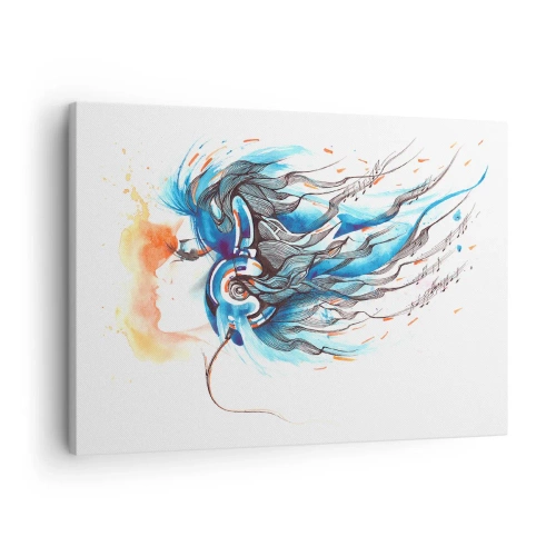 Cuadro sobre lienzo - Impresión de Imagen - Gráfico artístico de una mujer con auriculares con acentos musicales. - 70x50cm - Que suene la música - Decoración de pared moderna para salón y dormitorio ARTTOR