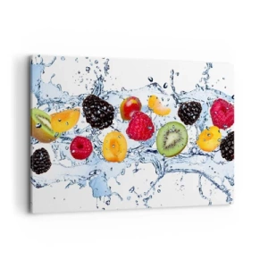 Cuadro sobre lienzo - Impresión de Imagen - Frutas coloridas sumergidas en salpicaduras de agua sobre un fondo blanco - 120x80cm - Juega con nosotros - Decoración de pared moderna para salón y dormitorio ARTTOR