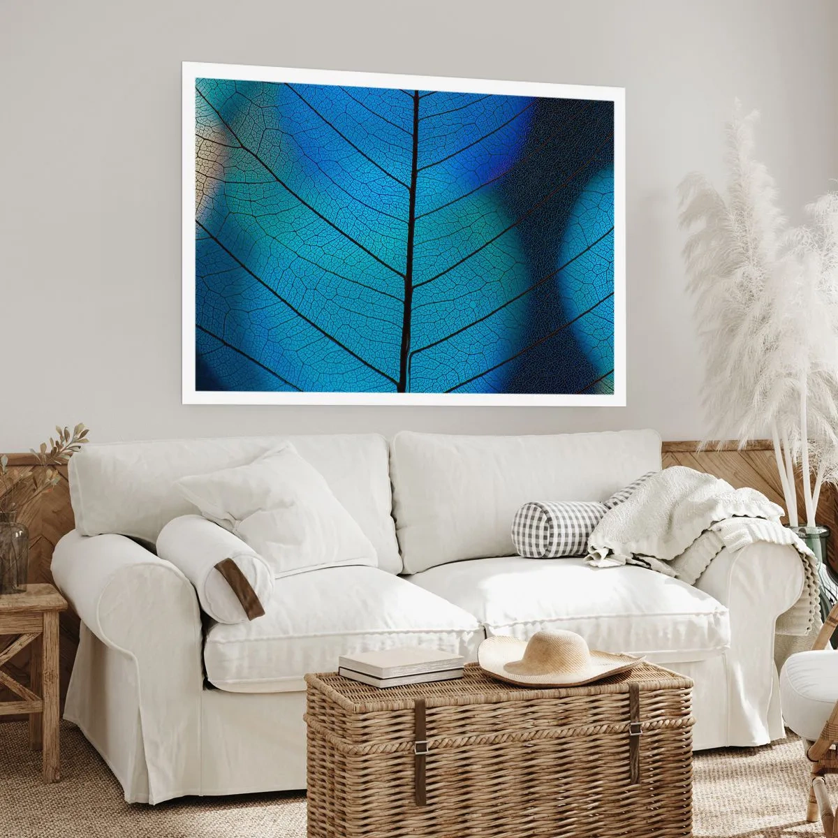 Póster - Primer plano de una hoja azul con detalle de vena visible - 100x70cm - Construcción intrincada - Decoración de pared moderna para salón y dormitorio ARTTOR