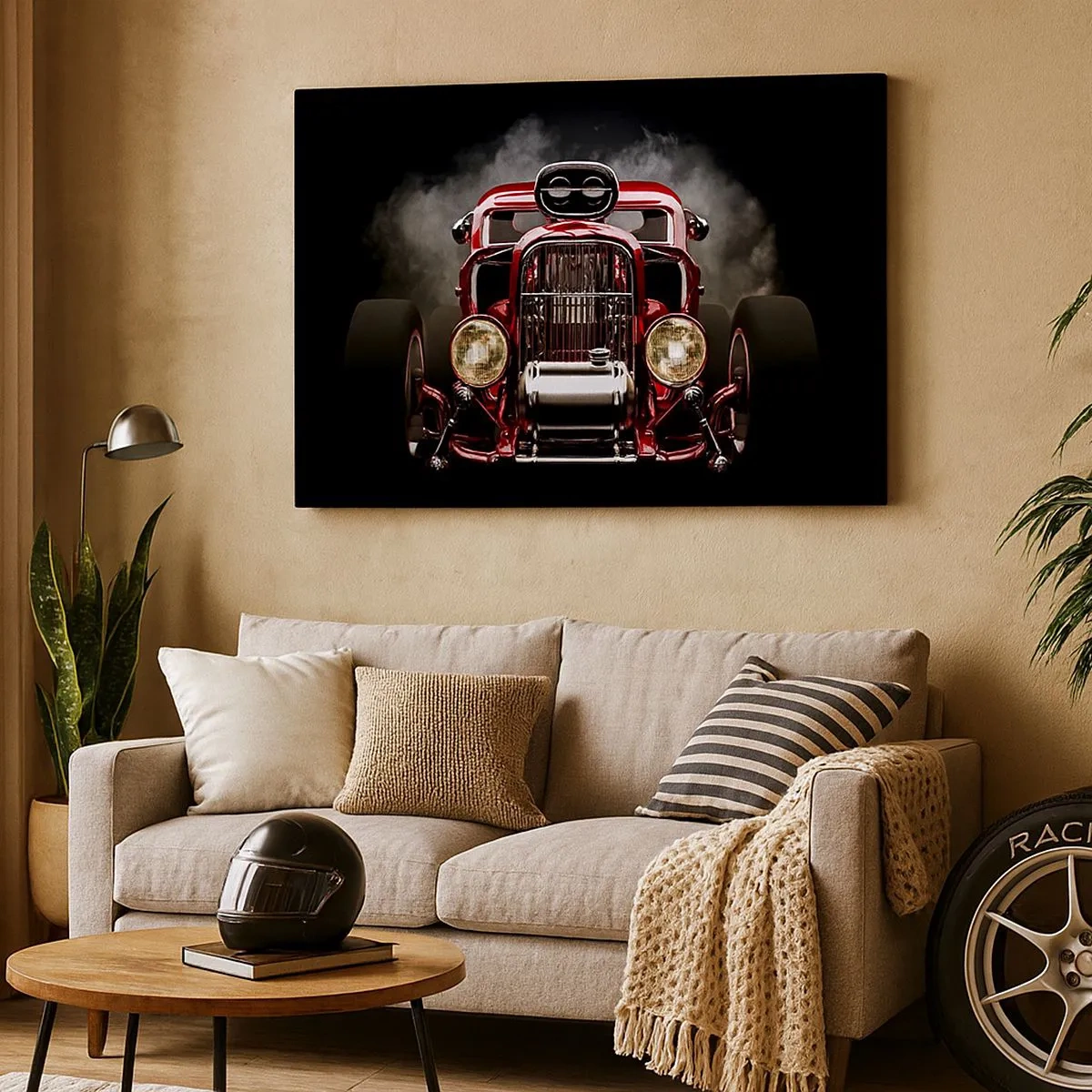 Cuadro sobre lienzo - Impresión de Imagen - Coche de carreras clásico rojo sobre un fondo oscuro - 70x50cm - Rápida y furiosamente bella - Decoración de pared moderna para salón y dormitorio ARTTOR