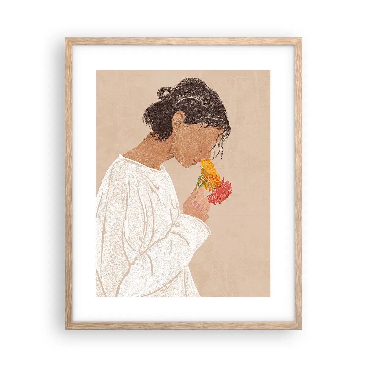 Póster en marco roble claro - Joven con flores - 40x50 cm