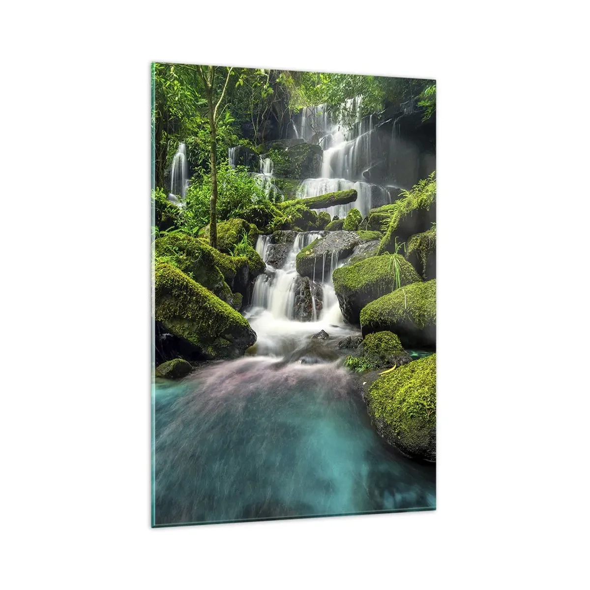 Cuadro sobre vidrio - Impresiones sobre Vidrio - Una cascada tropical rodeada de vegetación y agua turquesa. - 80x120cm - Turquesa, zafiro y plata líquida - Decoración de pared moderna para salón y dormitorio ARTTOR