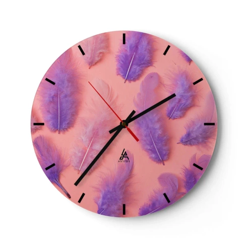 Reloj de pared - Reloj de vidrio - Plumas moradas sobre un fondo rosa - 30x30cm - Un pájaro lila del deseo - Decoración de pared moderna para salón, cocina y dormitorio ARTTOR