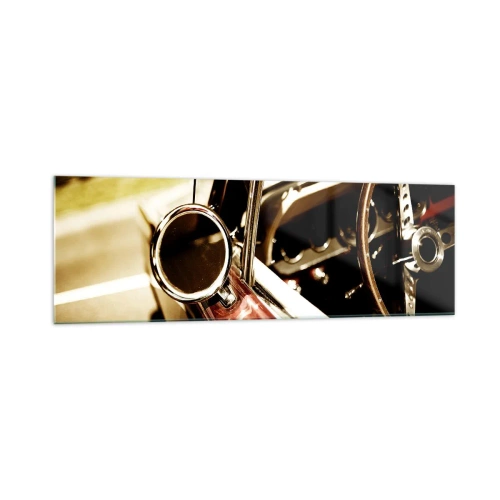 Cuadro sobre vidrio - Impresiones sobre Vidrio - Primer plano del espejo y el interior de un coche retro clásico. - 160x50cm - Un coche con alma - Decoración de pared moderna para salón y dormitorio ARTTOR