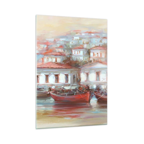 Cuadro sobre vidrio - Impresiones sobre Vidrio - Un pueblo pintoresco con barcos en el puerto al atardecer. - 50x70cm - Ciudad feliz - Decoración de pared moderna para salón y dormitorio ARTTOR