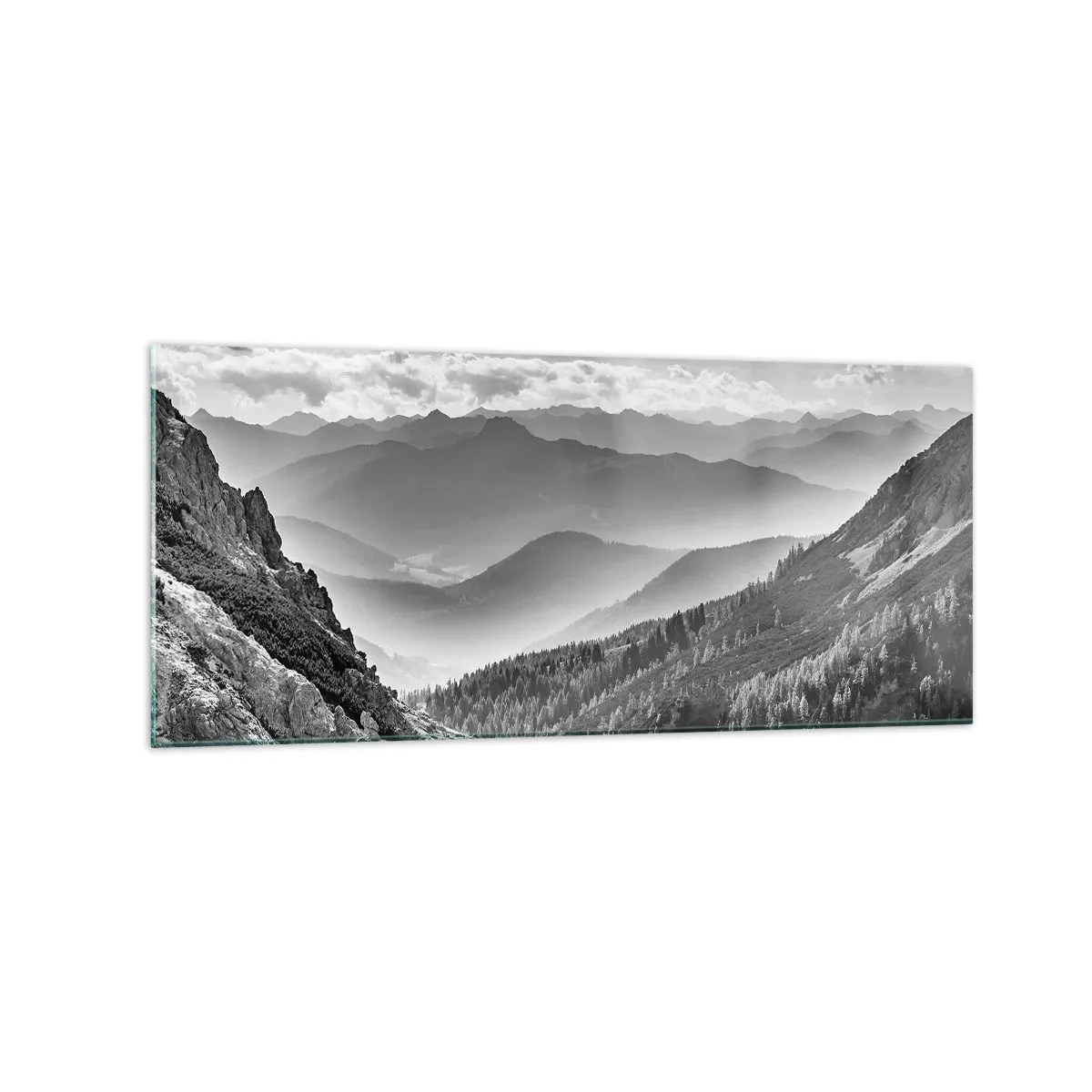 Cuadro sobre vidrio - Impresiones sobre Vidrio - Paisaje de montaña en blanco y negro con nubes sobre los picos. - 120x50cm - Hasta el horizonte - Decoración de pared moderna para salón y dormitorio ARTTOR