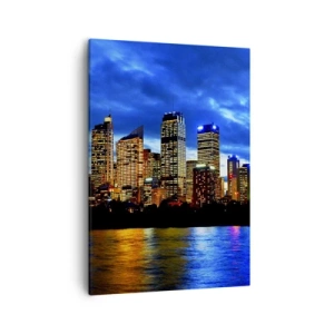 Cuadro sobre lienzo - Impresión de Imagen - Panorama de la ciudad nocturna con rascacielos iluminados sobre el agua. - 50x70cm - Noche de luces y colores - Decoración de pared moderna para salón y dormitorio ARTTOR