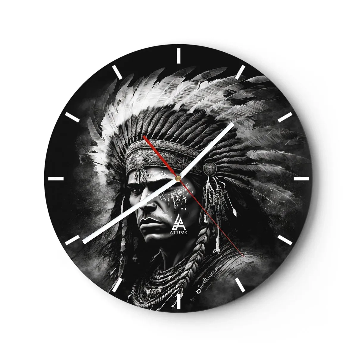 Reloj de pared - Reloj de vidrio - Retrato de un jefe con un tocado de plumas en estilo monocromático - 30x30cm - Líder y guerrero - Decoración de pared moderna para salón, cocina y dormitorio ARTTOR