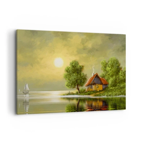 Cuadro sobre lienzo - Impresión de Imagen - Casa del lago a la luz del atardecer - 100x70cm - Es hermoso, como salido de un cuadro - Decoración de pared moderna para salón y dormitorio ARTTOR