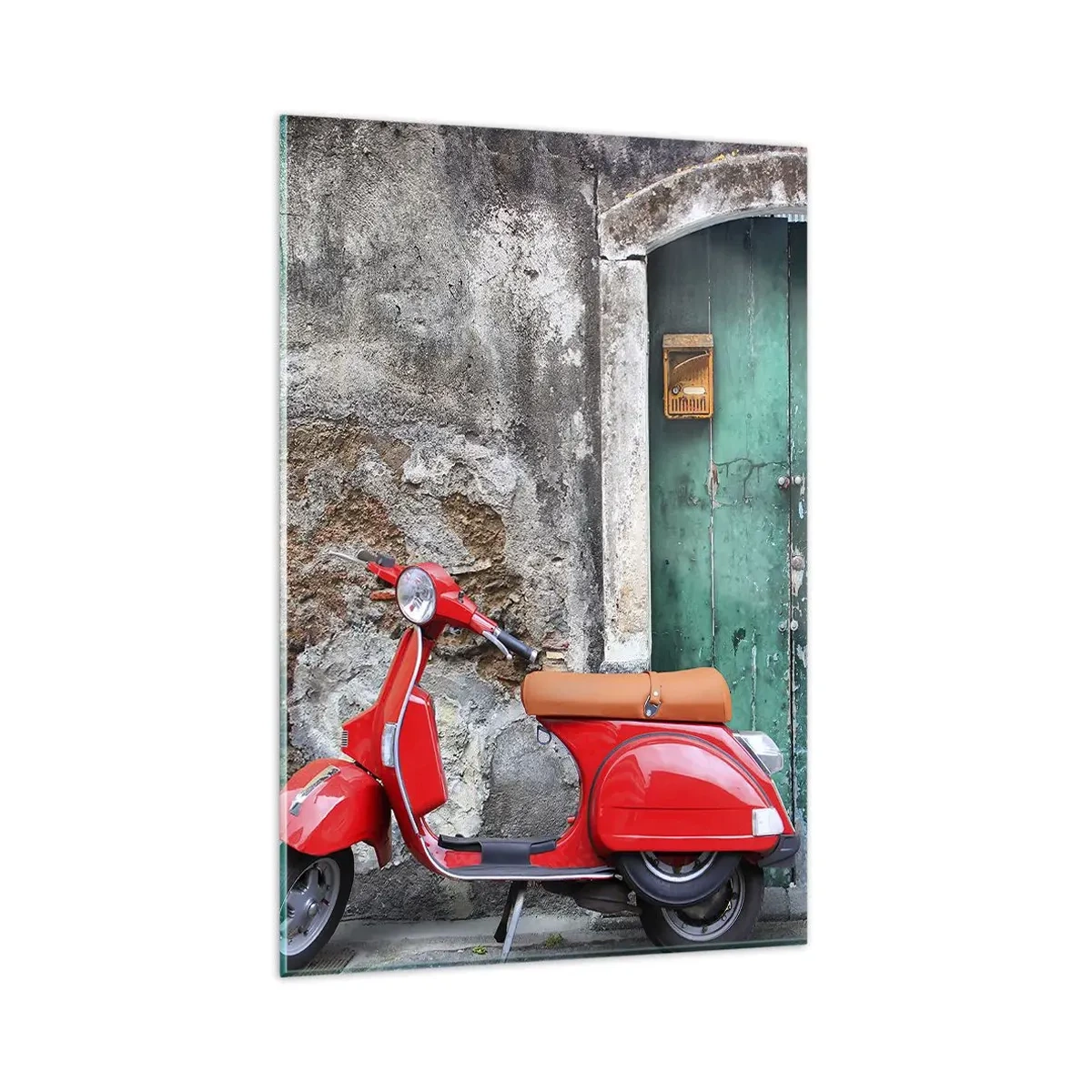 Cuadro sobre vidrio - Impresiones sobre Vidrio - Scooter rojo junto a la puerta verde - 80x120cm - Vacaciones en Italia - Decoración de pared moderna para salón y dormitorio ARTTOR