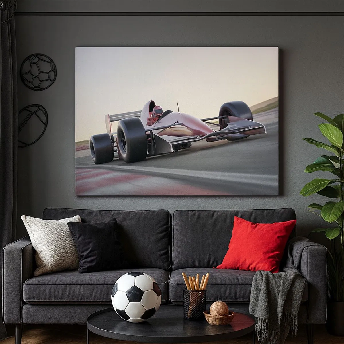 Cuadro sobre lienzo - Impresión de Imagen - Un coche rojo de Fórmula 1 en una pista de carreras mientras conduce - 70x50cm - Siempre el ganador - Decoración de pared moderna para salón y dormitorio ARTTOR