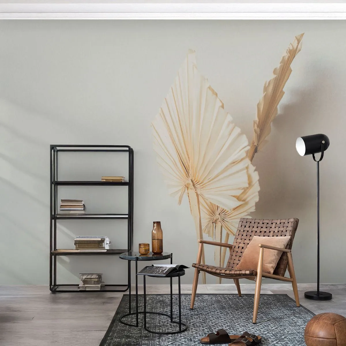 Fotomural Standard Eco - Hojas de palma secas sobre un fondo claro en estilo boho - 100x70cm - Armonía y consuelo - Decoración de pared moderna para salón y dormitorio ARTTOR