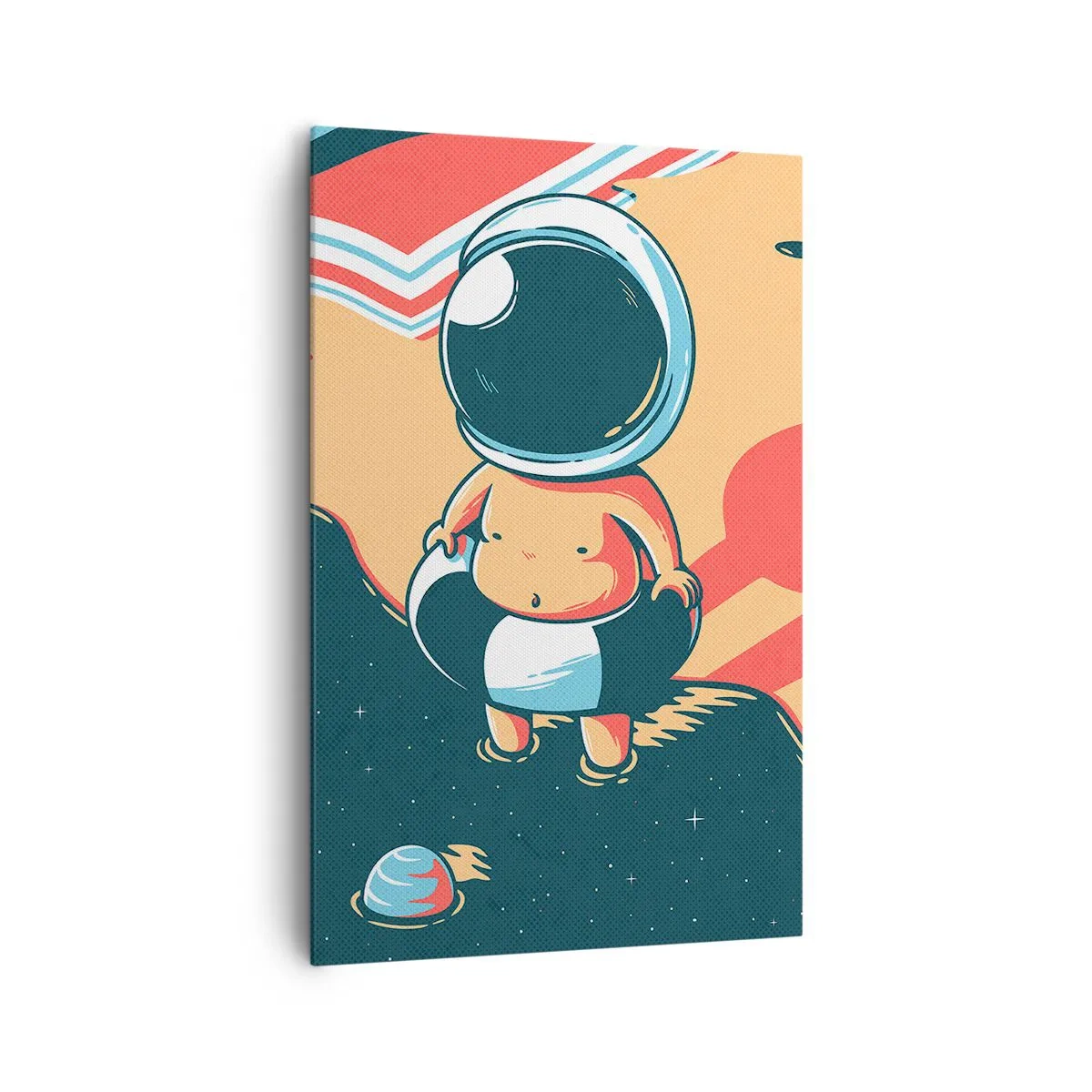 Cuadro sobre lienzo - Impresión de Imagen - Astronauta divertido en la playa con elementos espaciales de fondo. - 80x120cm - Desde una perspectiva diferente - Decoración de pared moderna para salón y dormitorio ARTTOR