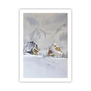Póster - Paisaje invernal con una cabaña y un pajar en las montañas - 50x70cm - En un valle nevado - Decoración de pared moderna para salón y dormitorio ARTTOR