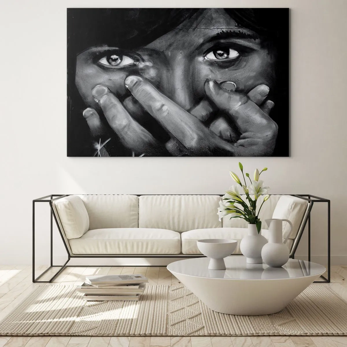 Cuadro sobre vidrio - Impresiones sobre Vidrio - Un retrato en blanco y negro con una mirada emotiva. - 120x80cm - No diré quién lo pintó - Decoración de pared moderna para salón y dormitorio ARTTOR