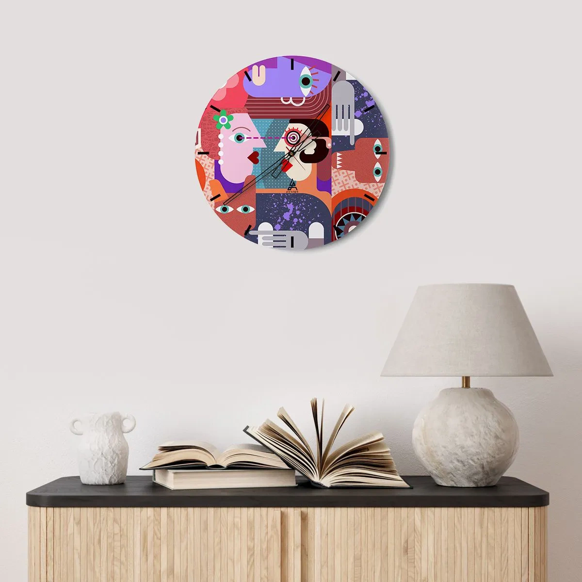 Reloj de pared - Reloj de vidrio - Abstracción colorida con un motivo facial de estilo cubista. - 30x30cm - Cara a cara - Decoración de pared moderna para salón, cocina y dormitorio ARTTOR