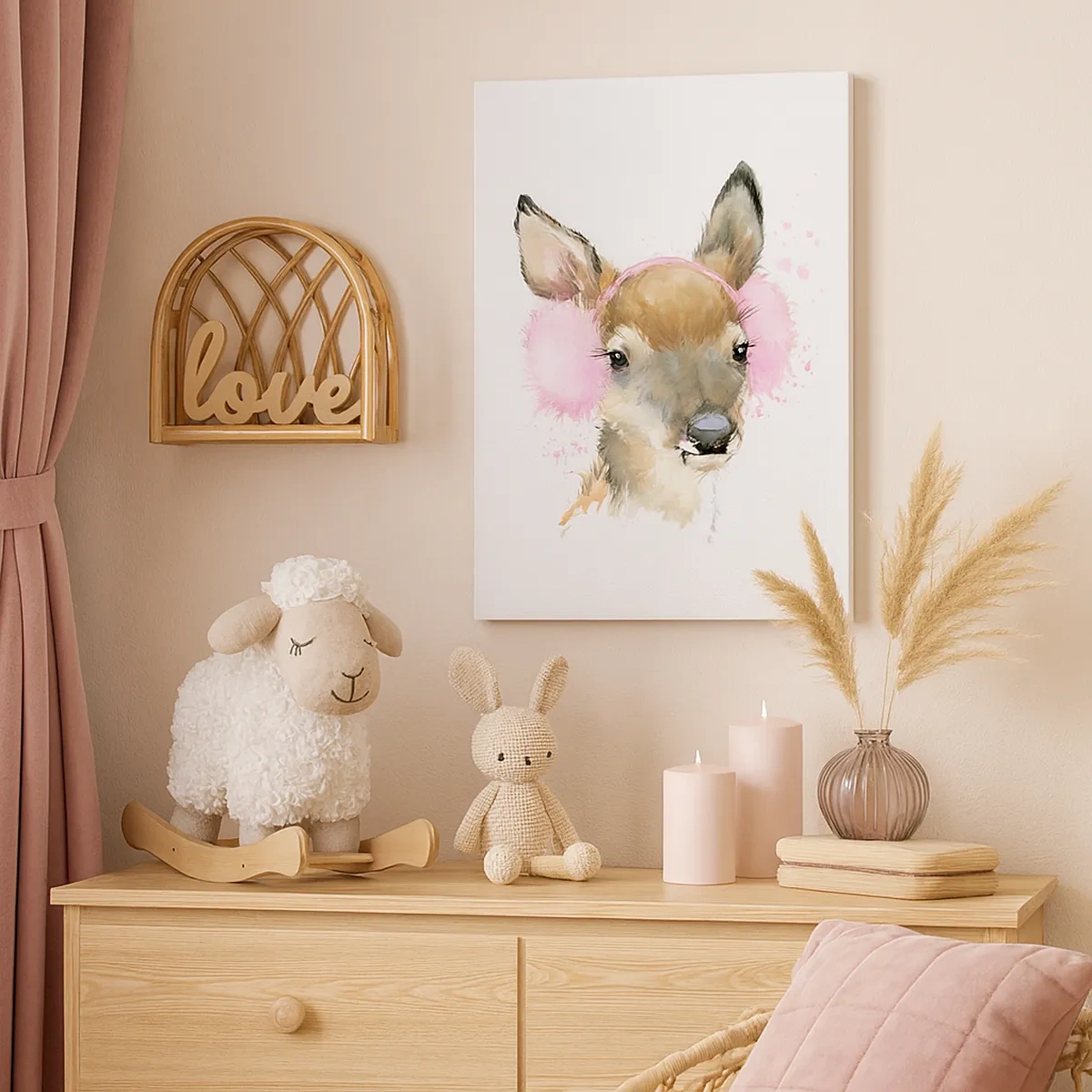 Cuadro sobre lienzo - Impresión de Imagen - Ciervo de acuarela con orejeras rosas - 50x70cm - Y el frío no te molestará más - Decoración de pared moderna para salón y dormitorio ARTTOR