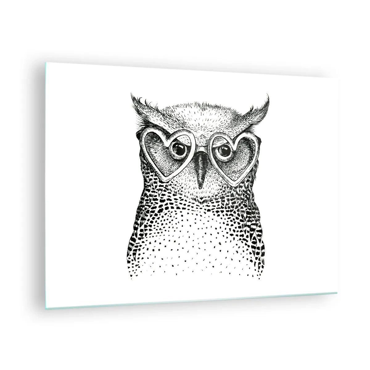 Cuadro sobre vidrio - Impresiones sobre Vidrio - Ilustración de un búho con gafas en forma de corazón - 70x50cm - Con sabiduría y amor - Decoración de pared moderna para salón y dormitorio ARTTOR