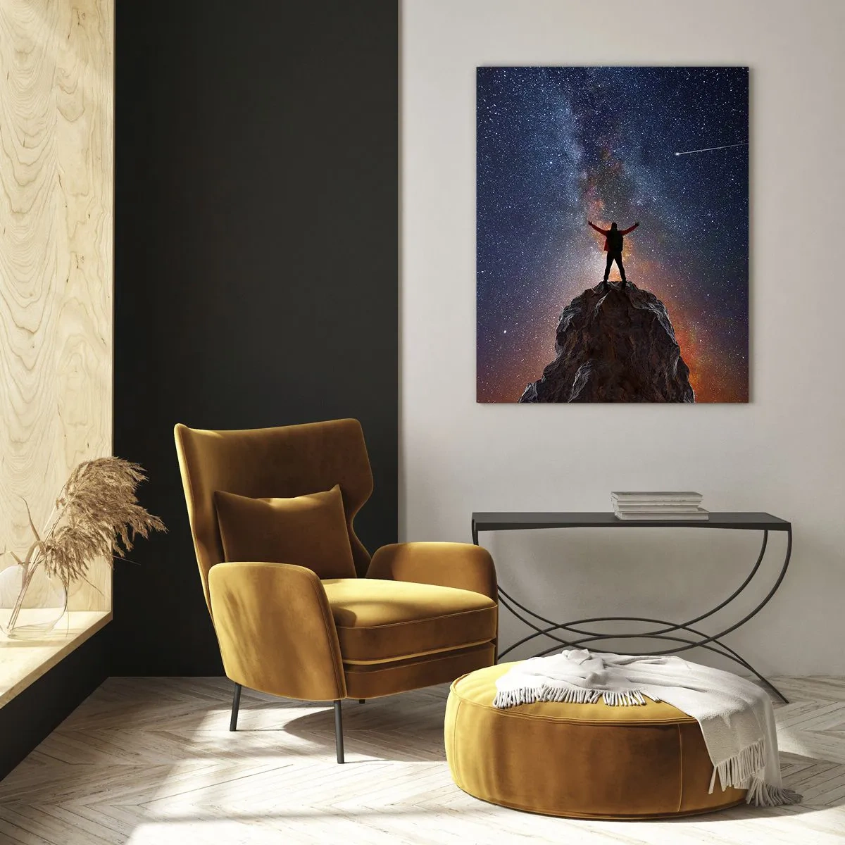 Cuadro sobre vidrio - Impresiones sobre Vidrio - Una figura en la cima de una montaña bajo un cielo estrellado. - 70x100cm - ¡El poder está conmigo! - Decoración de pared moderna para salón y dormitorio ARTTOR