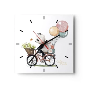 Reloj de pared - Reloj de vidrio - Panda en bicicleta con globos y flores. - 30x30cm - Un día feliz - Decoración de pared moderna para salón y dormitorio ARTTOR