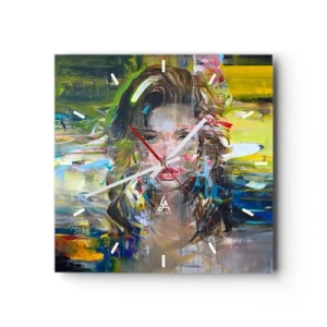Reloj de pared - Reloj de vidrio - Retrato abstracto de una mujer en colores intensos. - 30x30cm - Tras el velo del aire - Decoración de pared moderna para salón y dormitorio ARTTOR