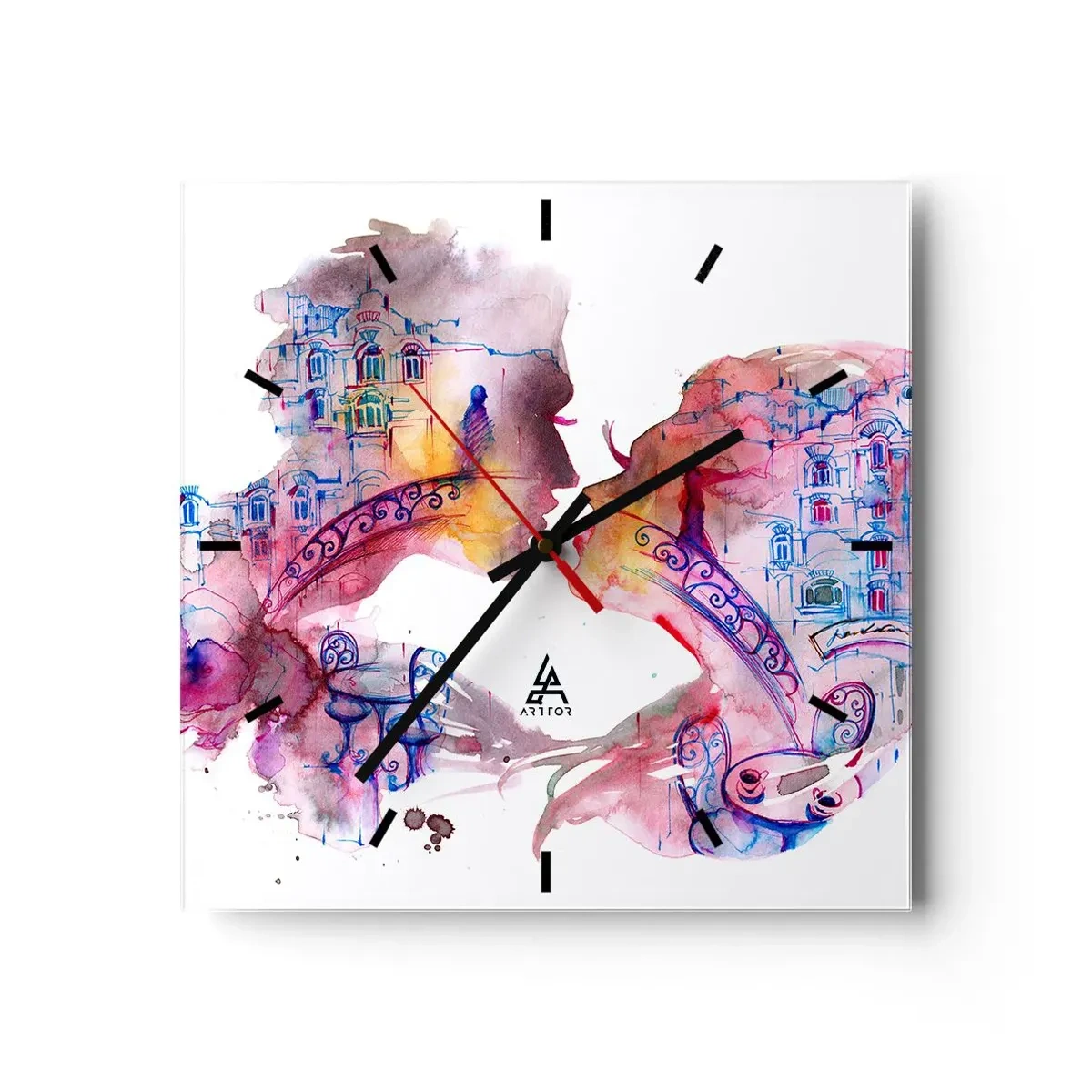 Reloj de pared - Reloj de vidrio - Una acuarela romántica que representa las siluetas de los amantes. - 30x30cm - Un puente secreto de suspiros - Decoración de pared moderna para salón y dormitorio ARTTOR
